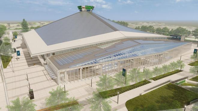 A top down rendering of the Unico Solar Climate Pledge Arena